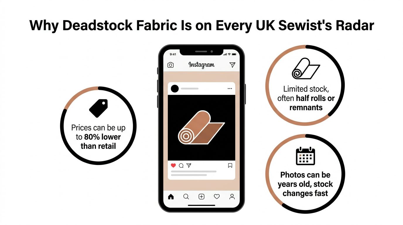 An infographic showing why UK sewists buy deadstock fabric, featuring price, stock availability, and speed factors.