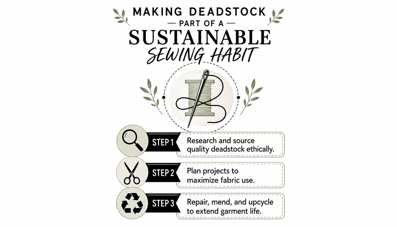A helpful infographic outlining three simple steps for creating a sustainable sewing habit using deadstock fabric.