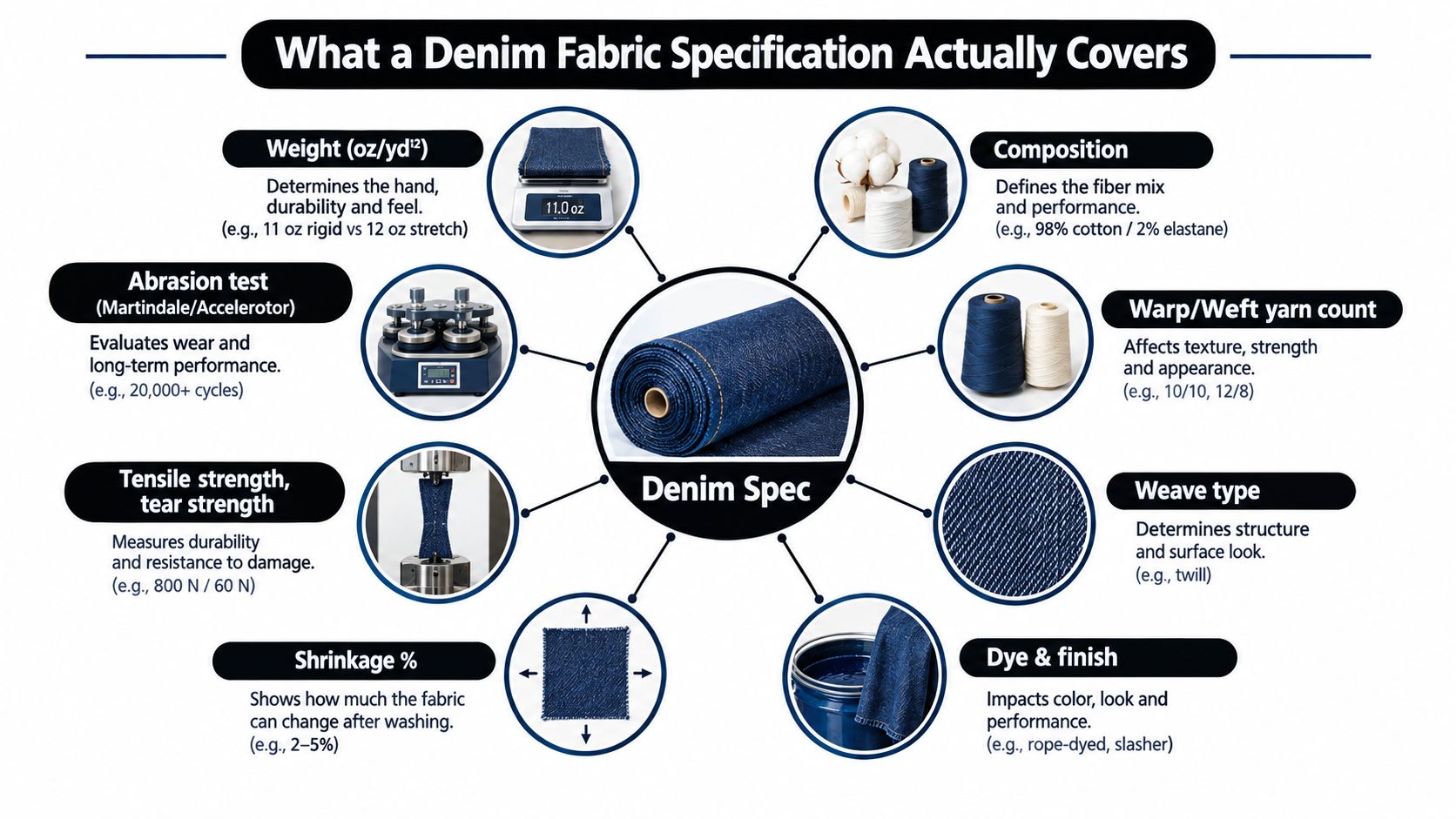 A diagram outlining the key components included in a technical denim fabric specification sheet for textile manufacturing.