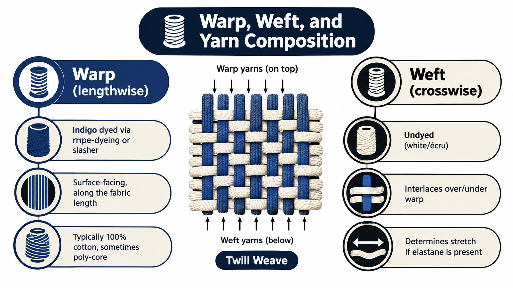 An educational diagram illustrating the structure of denim fabric, distinguishing between warp yarns and weft yarns.