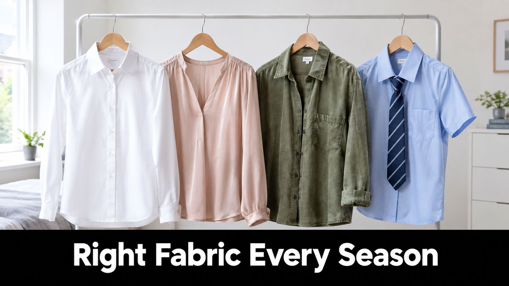 Four different shirts hanging on a clothes rack with the text Right Fabric Every Season below.