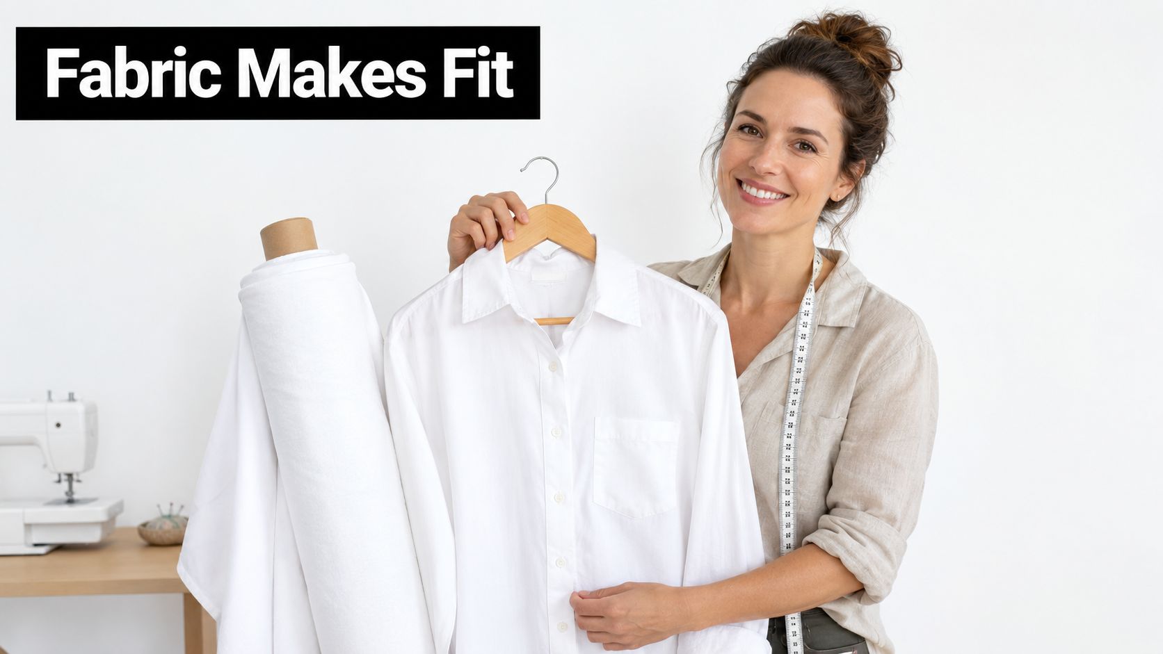 A smiling seamstress holds a white shirt on a hanger next to a roll of fabric.