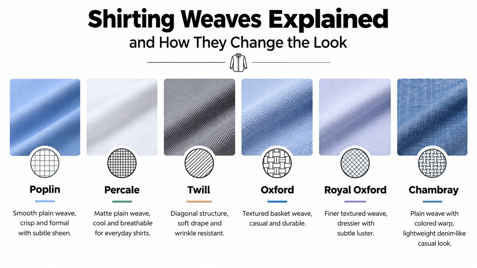 An infographic showing six common shirting fabrics with their visual patterns, names, and key characteristics.