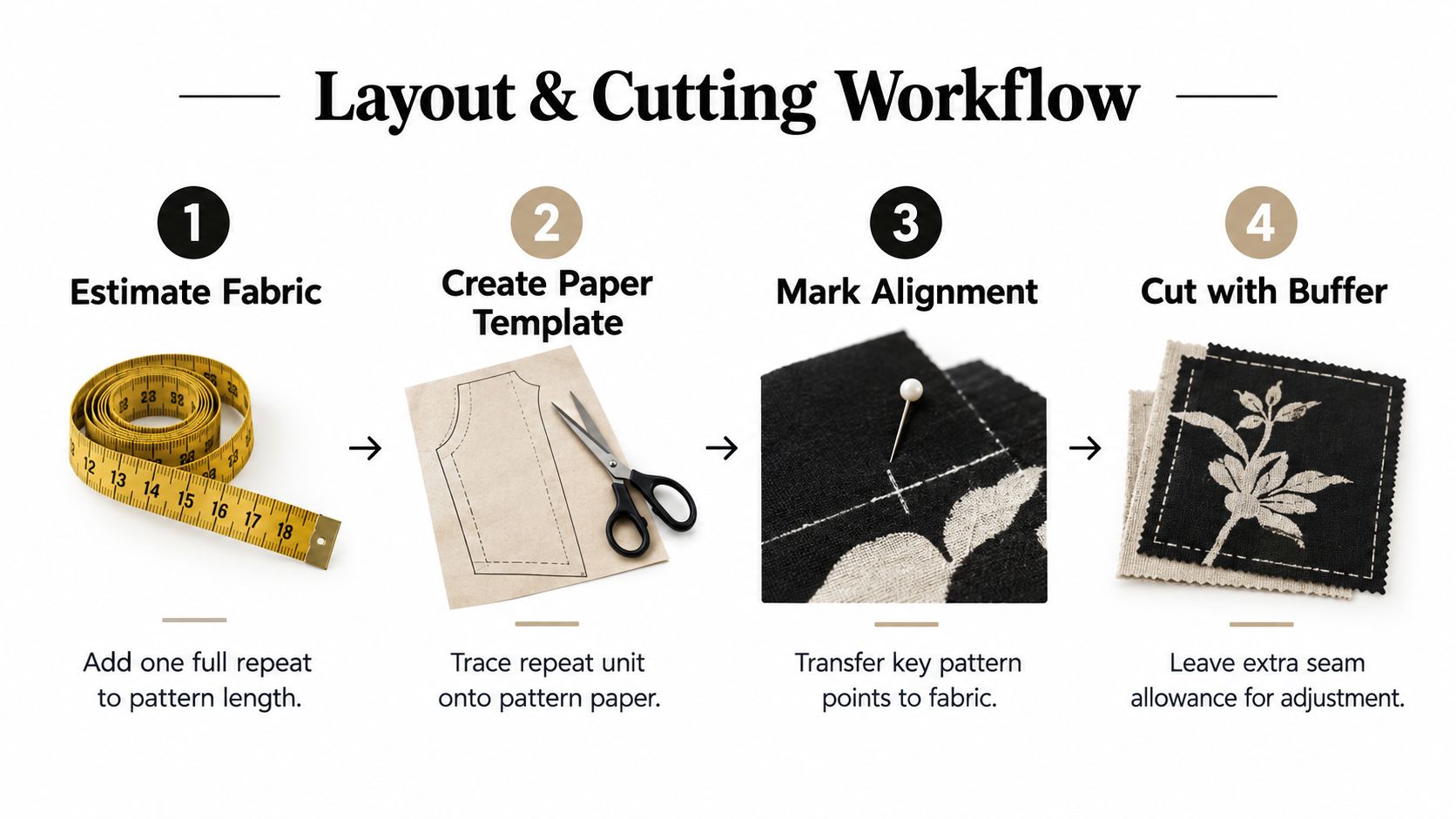 A step-by-step infographic showing the workflow for layout and cutting fabric with pattern matching.