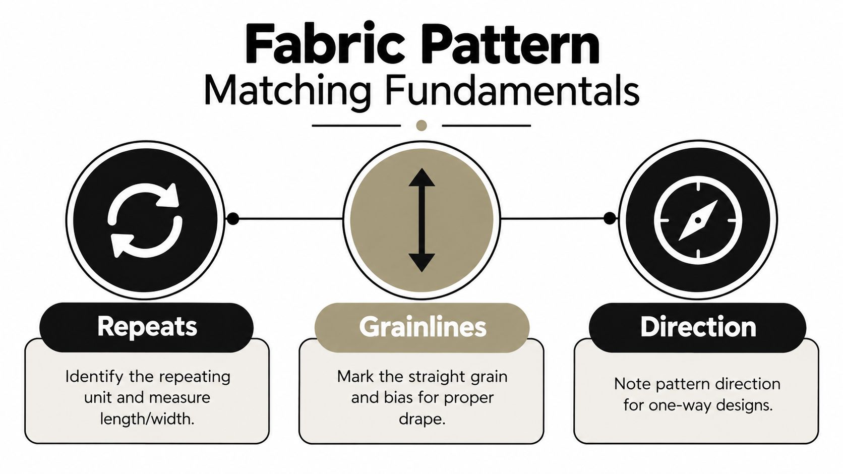 An infographic detailing fabric pattern matching fundamentals including repeats, grainlines, and pattern direction for sewing projects.