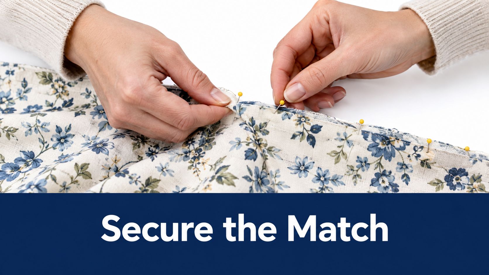 Hands pinning floral fabric together to align patterns while sewing, showing careful fabric pattern matching techniques.