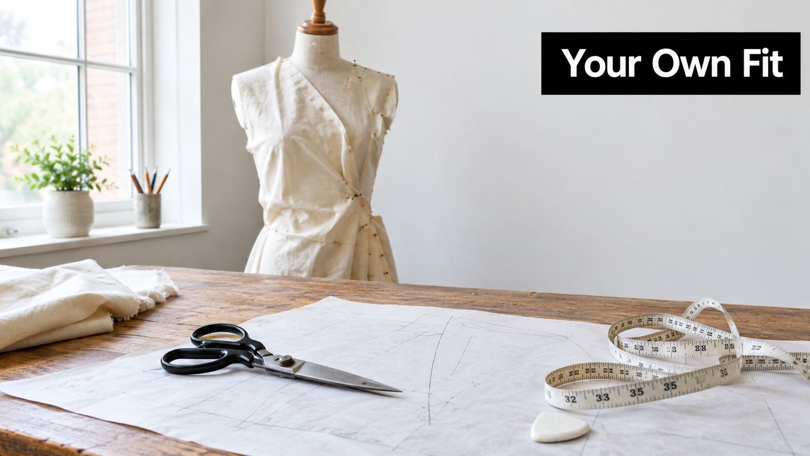 A wooden sewing table with paper patterns, metal scissors, a measuring tape, and a dressmaker mannequin.