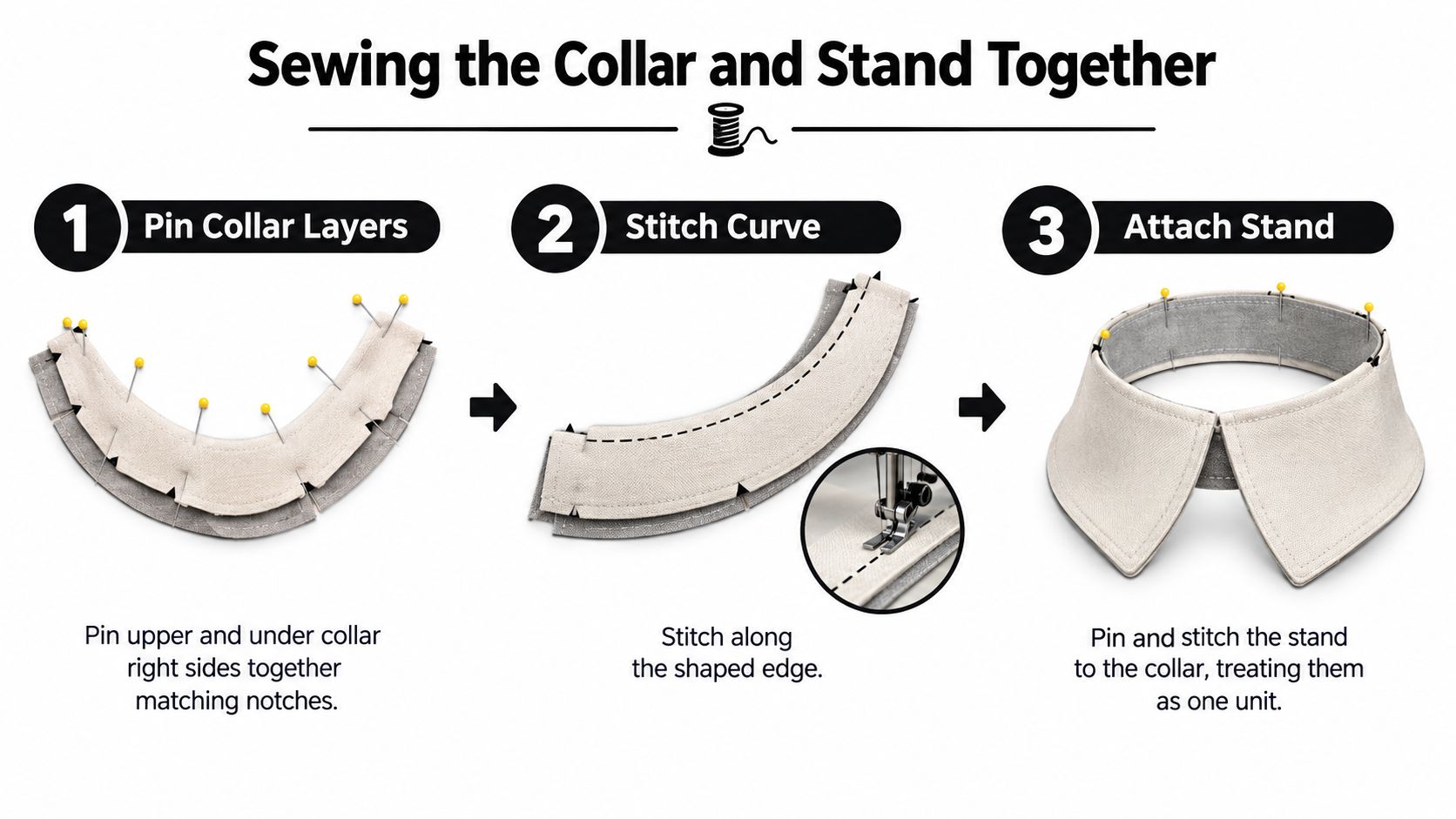 A step-by-step sewing tutorial showing how to attach a shirt collar to a collar stand.