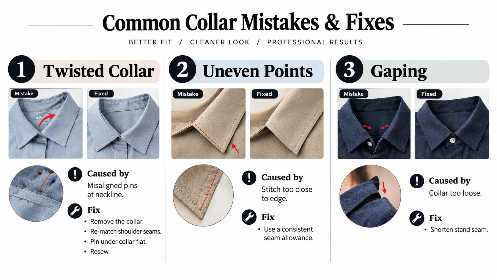 An infographic showing common shirt collar sewing mistakes like twisting, uneven points, and gaping, with their respective fixes.