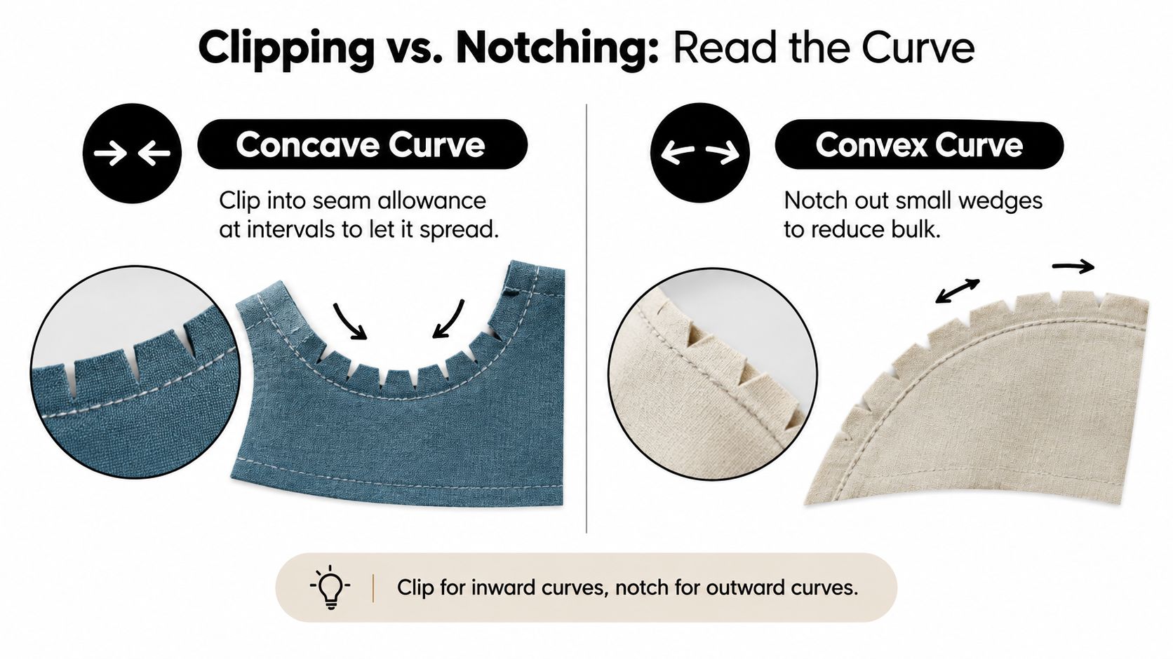 A sewing tutorial illustration explaining the difference between clipping concave curves and notching convex seam allowances.