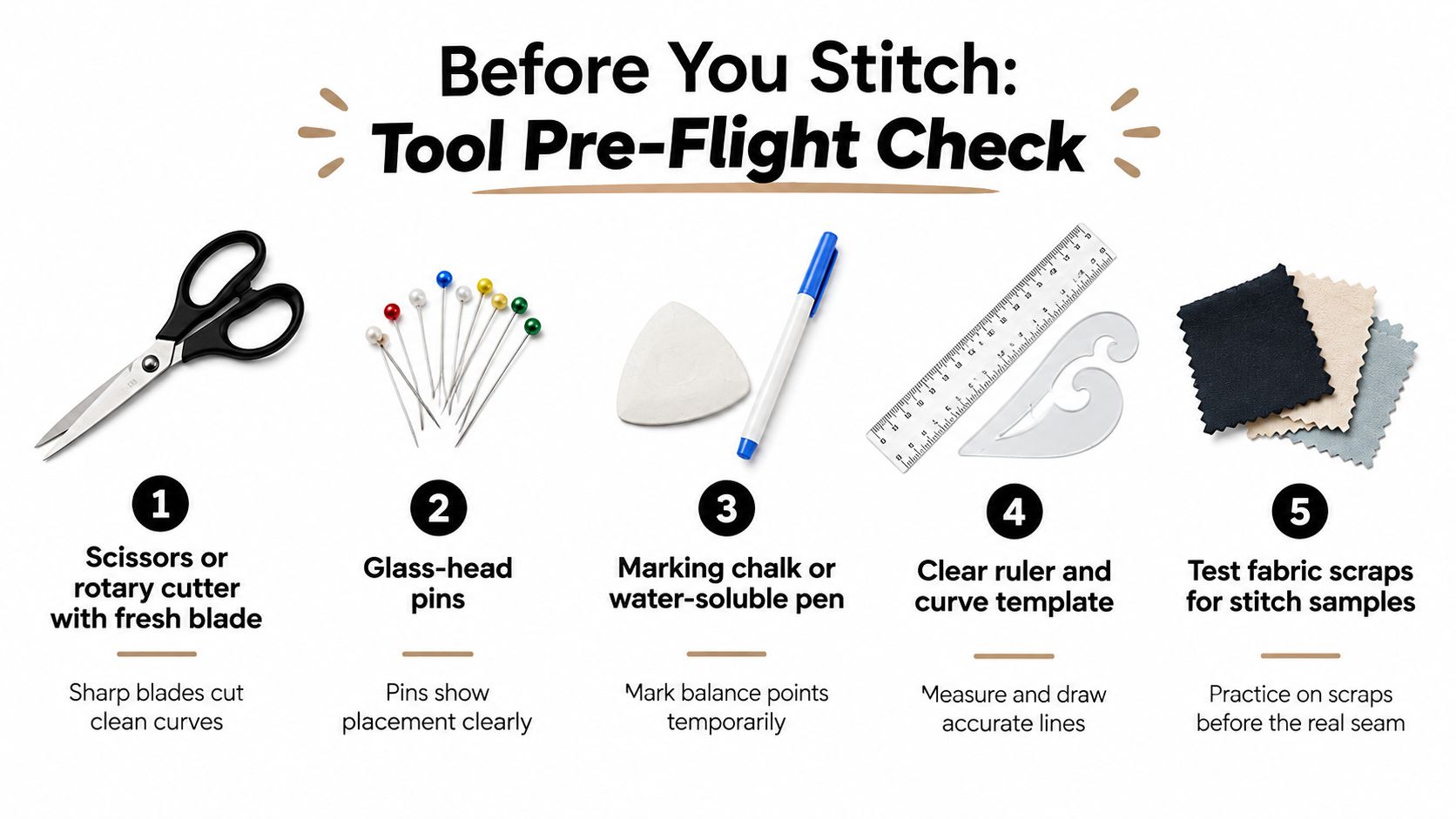 A helpful infographic showing five essential sewing tools needed before stitching curved fabric seams.