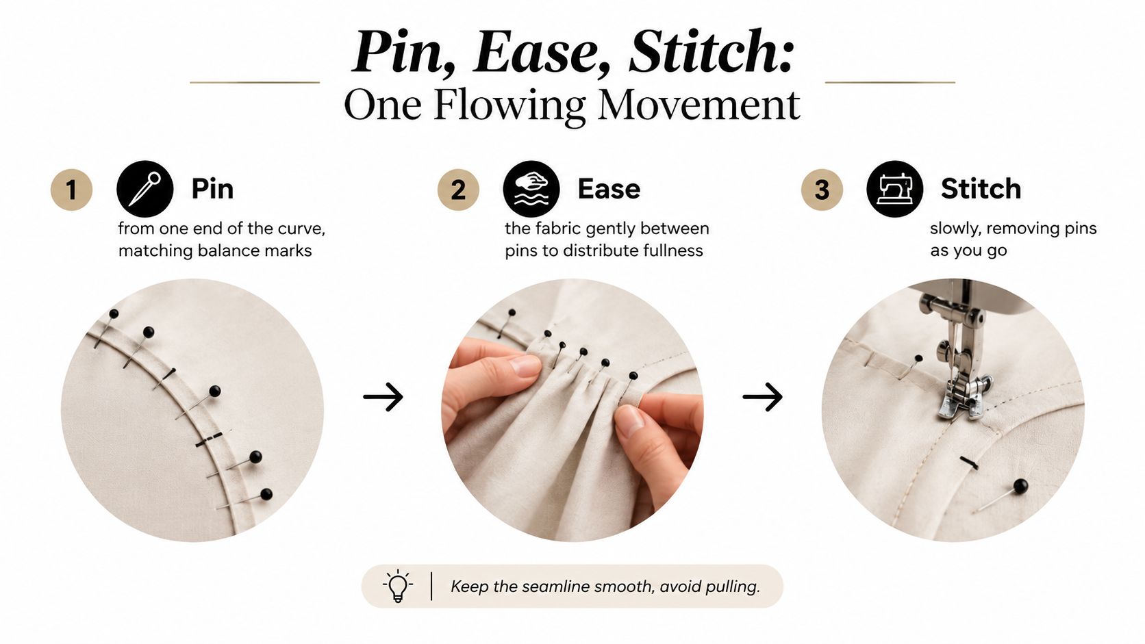 A three-step sewing guide illustrating how to pin, ease, and stitch fabric for curved seams.