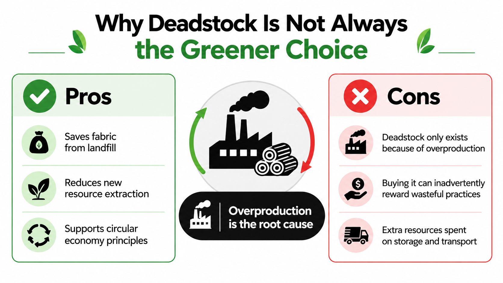 An infographic showing the pros and cons of using deadstock fabric for sustainable fashion and manufacturing.