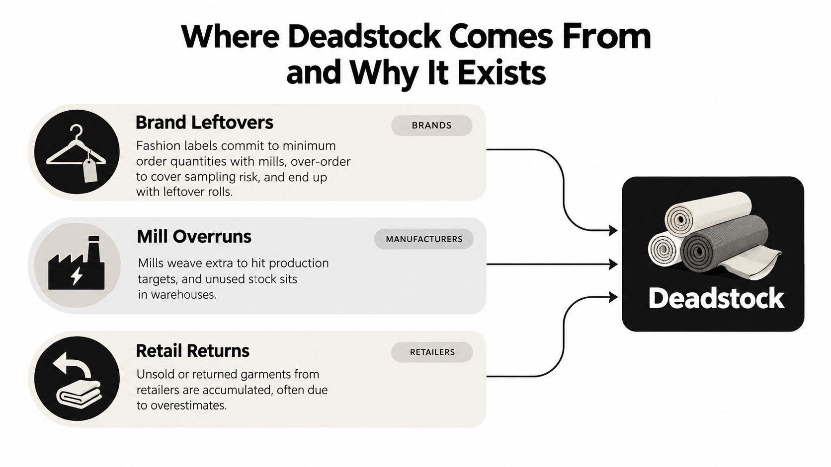 An infographic titled Where Deadstock Comes From and Why It Exists, detailing sources of waste in fashion.
