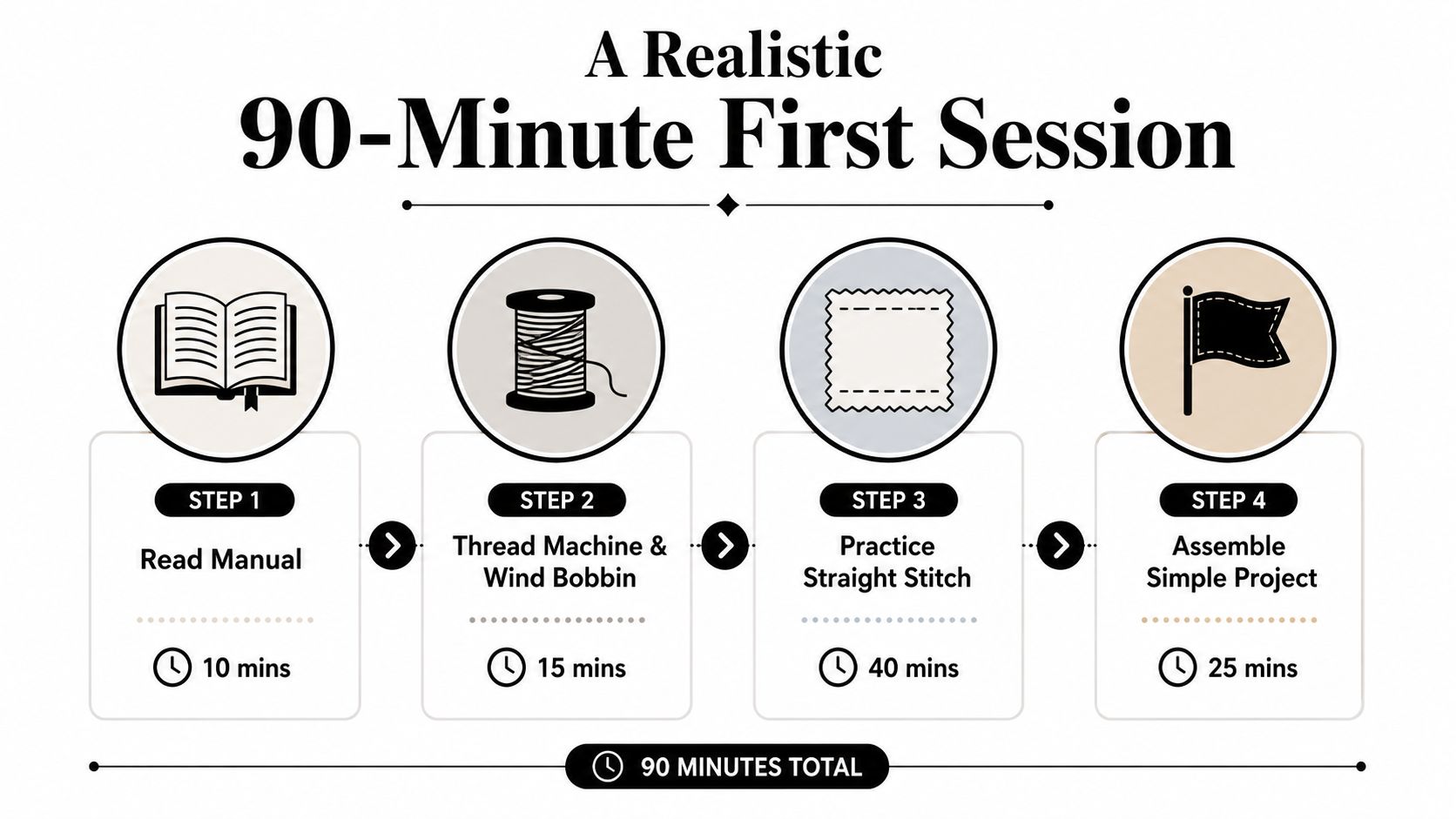 A workflow graphic showing four steps for a 90-minute first sewing session including manual reading and practice.