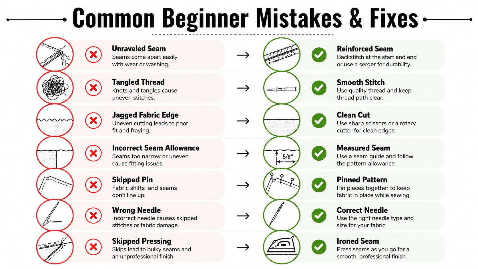 An infographic showing common sewing mistakes with red cross icons and their corresponding fixes with green checkmarks.