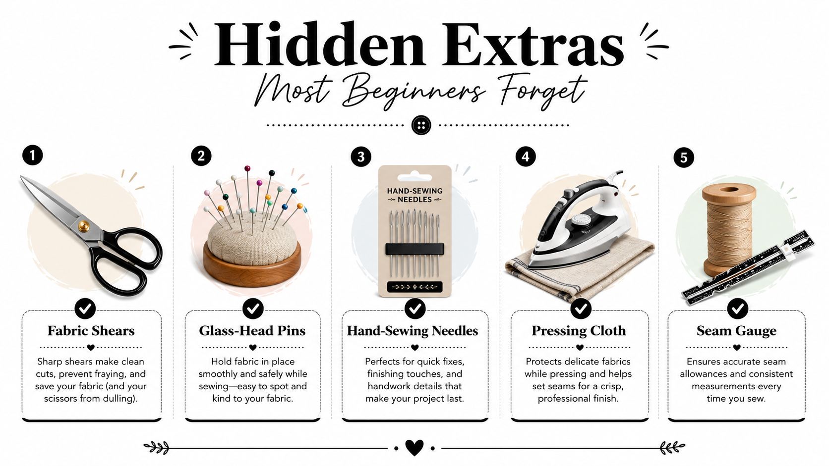 An infographic titled Hidden Extras Most Beginners Forget, featuring illustrations of essential sewing tools like shears and pins.