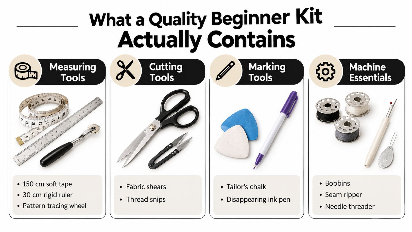 An infographic showing essential tools for a quality beginner sewing kit categorized into measuring, cutting, marking, and machine.