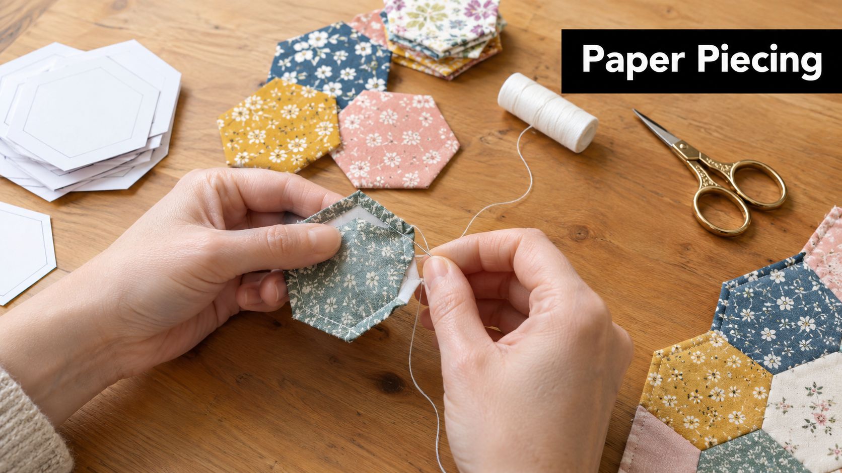 A person hand-sewing fabric hexagons over paper templates for a quilting project on a wooden table.