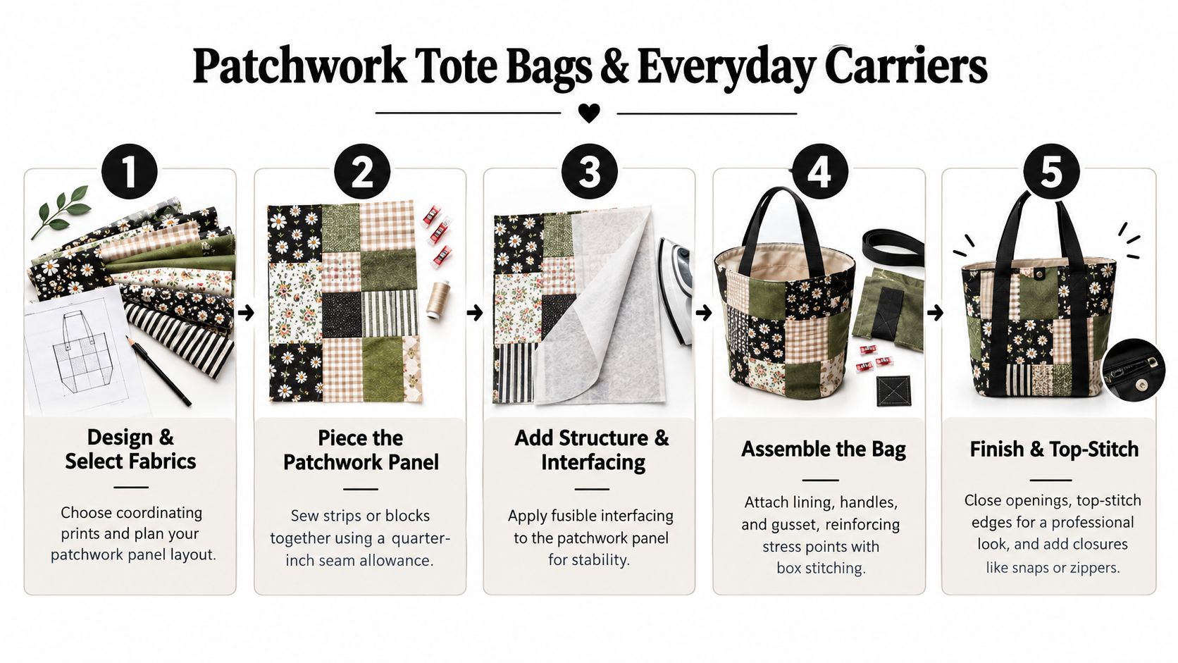 A five-step instructional guide on how to create a handmade patchwork tote bag using fabric squares.