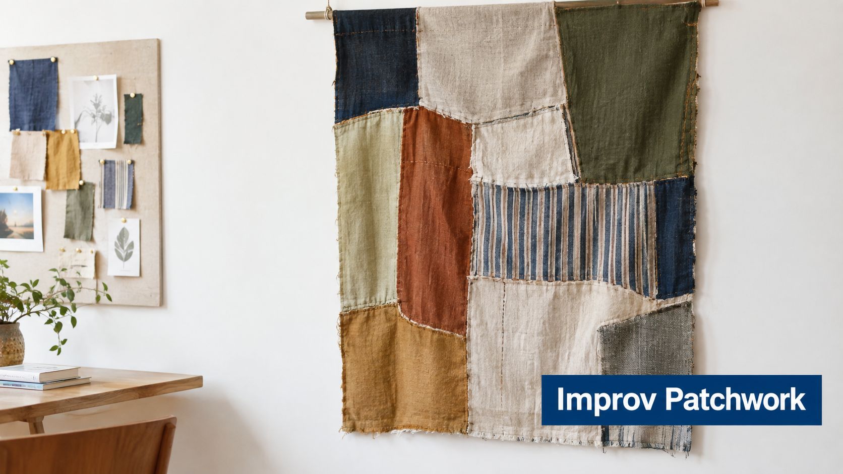 A rustic handmade improv patchwork fabric wall hanging displayed in a brightly lit home studio setting.