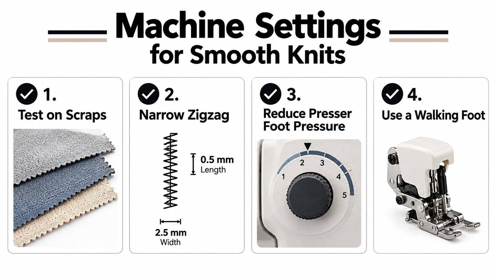 A four-step infographic showing machine settings for sewing smooth knit fabrics, including testing, stitch adjustments, and walking foot usage.