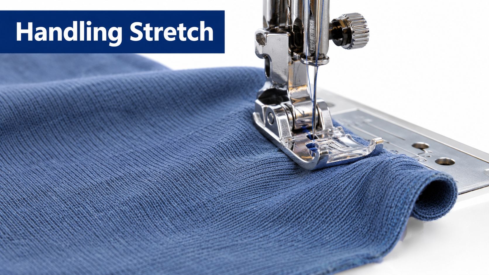 A close-up of a sewing machine presser foot stitching blue knit fabric on a white background.