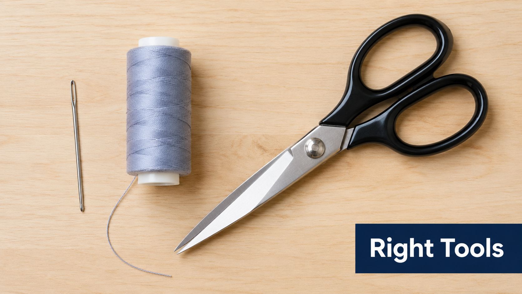 A sewing needle, a spool of blue thread, and scissors placed on a light wooden background.