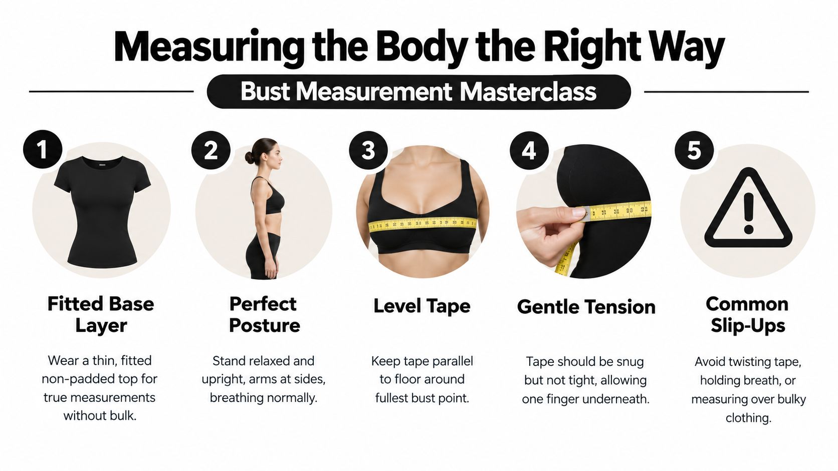 A five-step guide illustration demonstrating the correct way to measure bust size using a measuring tape.