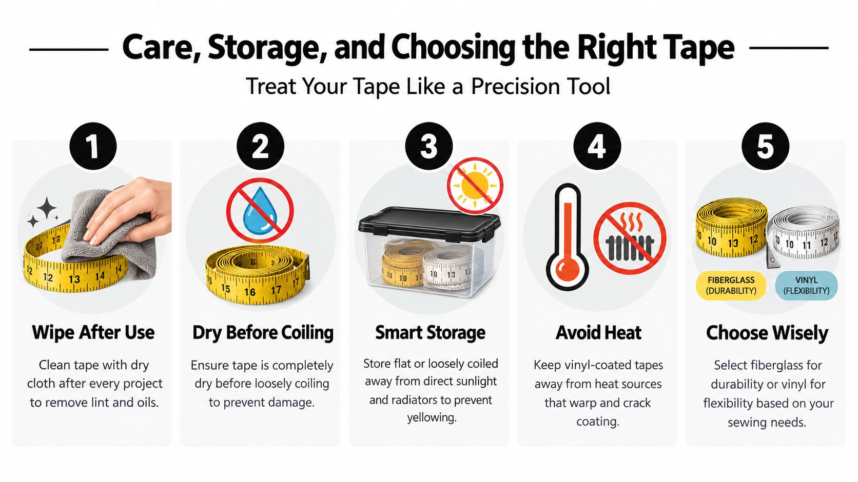 An infographic showing five tips for the care, storage, and selection of sewing measuring tapes.