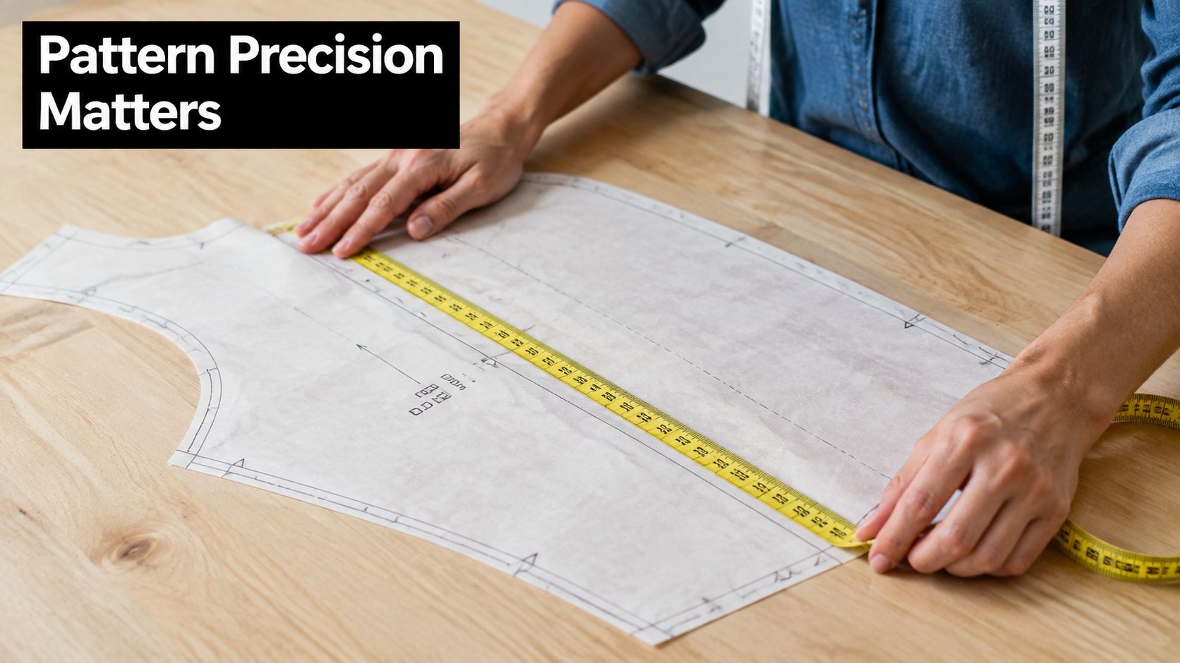 A person measuring a paper clothing pattern with a yellow measuring tape on a wooden table.