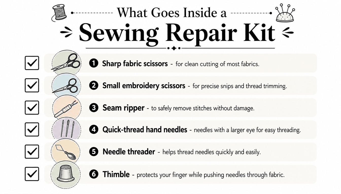A checklist of six essential sewing tools needed for a basic sewing repair kit for home use.