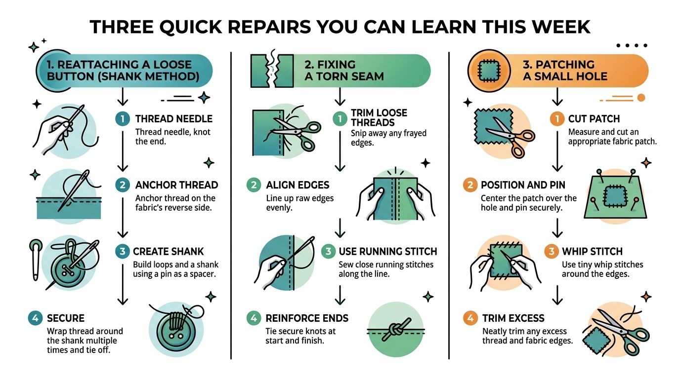 An infographic showing three easy sewing repair techniques for buttons, torn seams, and small fabric holes.