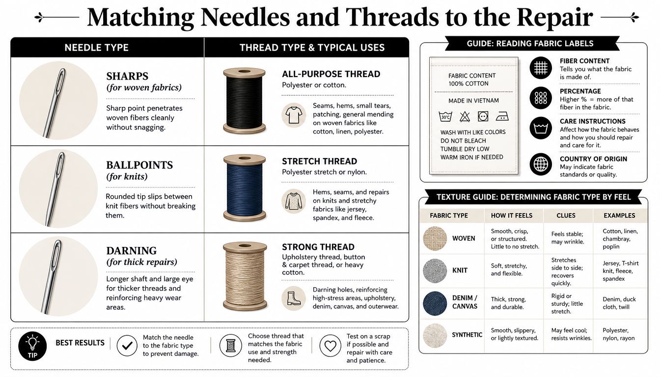 An infographic guide illustrating how to match needle types and thread types with various fabric textures for sewing repairs.