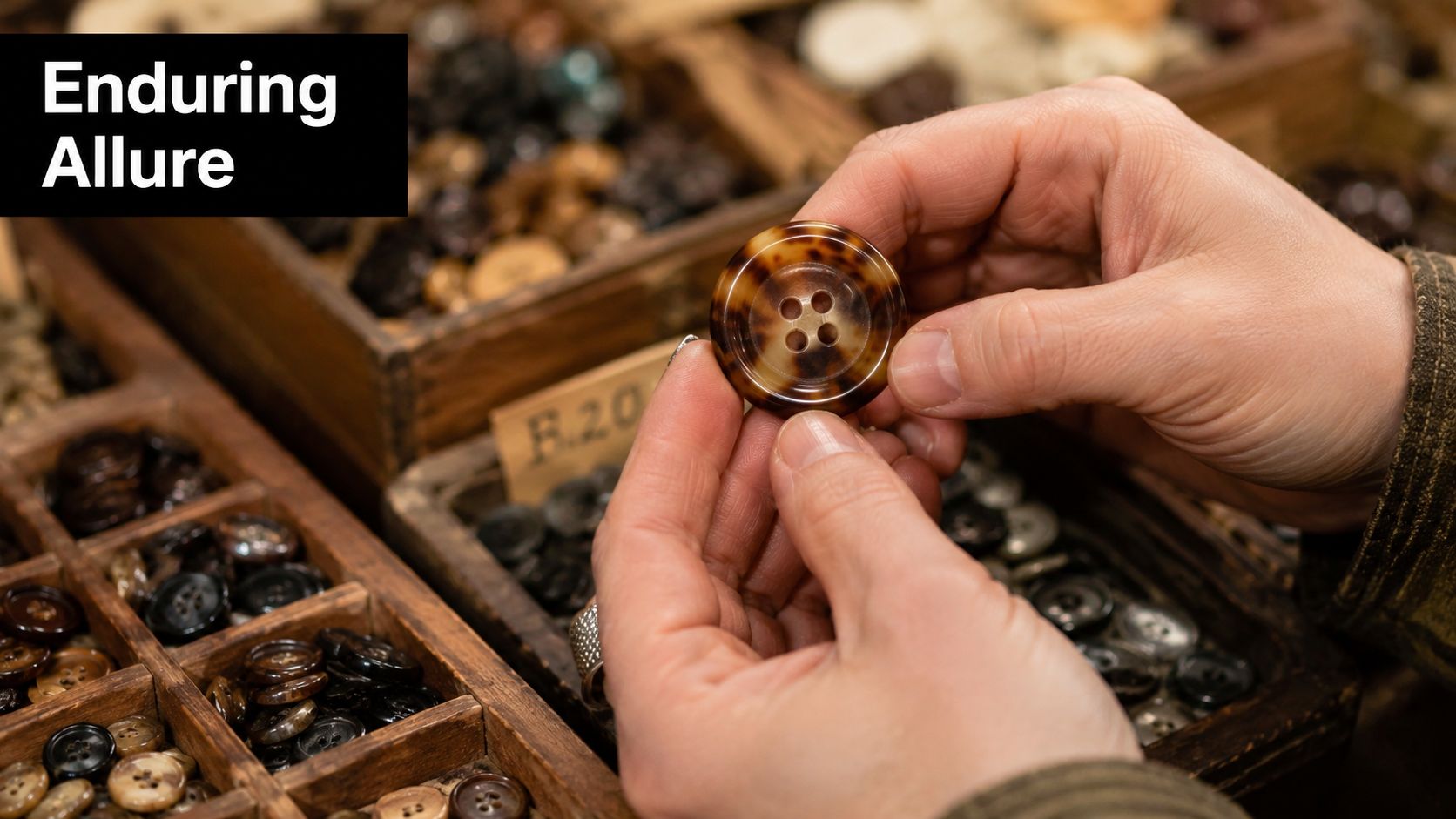 A person holding a vintage-style tortoise shell button over a wooden box filled with various sewing buttons.