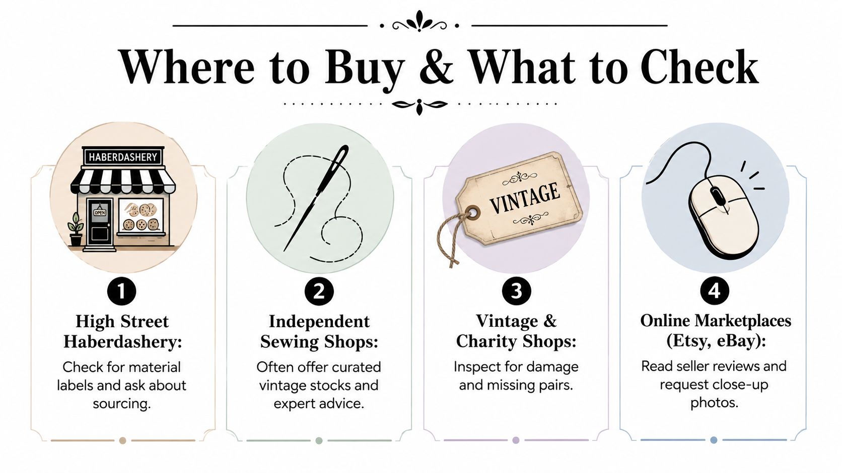 An infographic titled Where to Buy & What to Check, showcasing four locations to find vintage buttons.