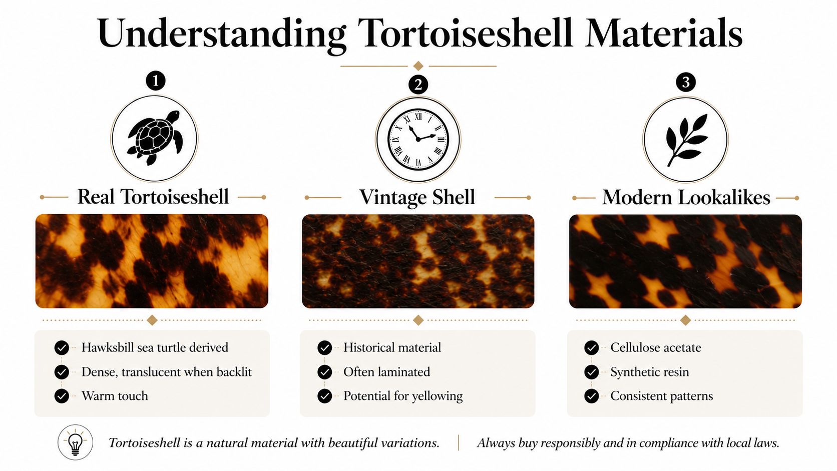 A guide illustrating the differences between real tortoiseshell, vintage shell, and modern synthetic lookalike materials.