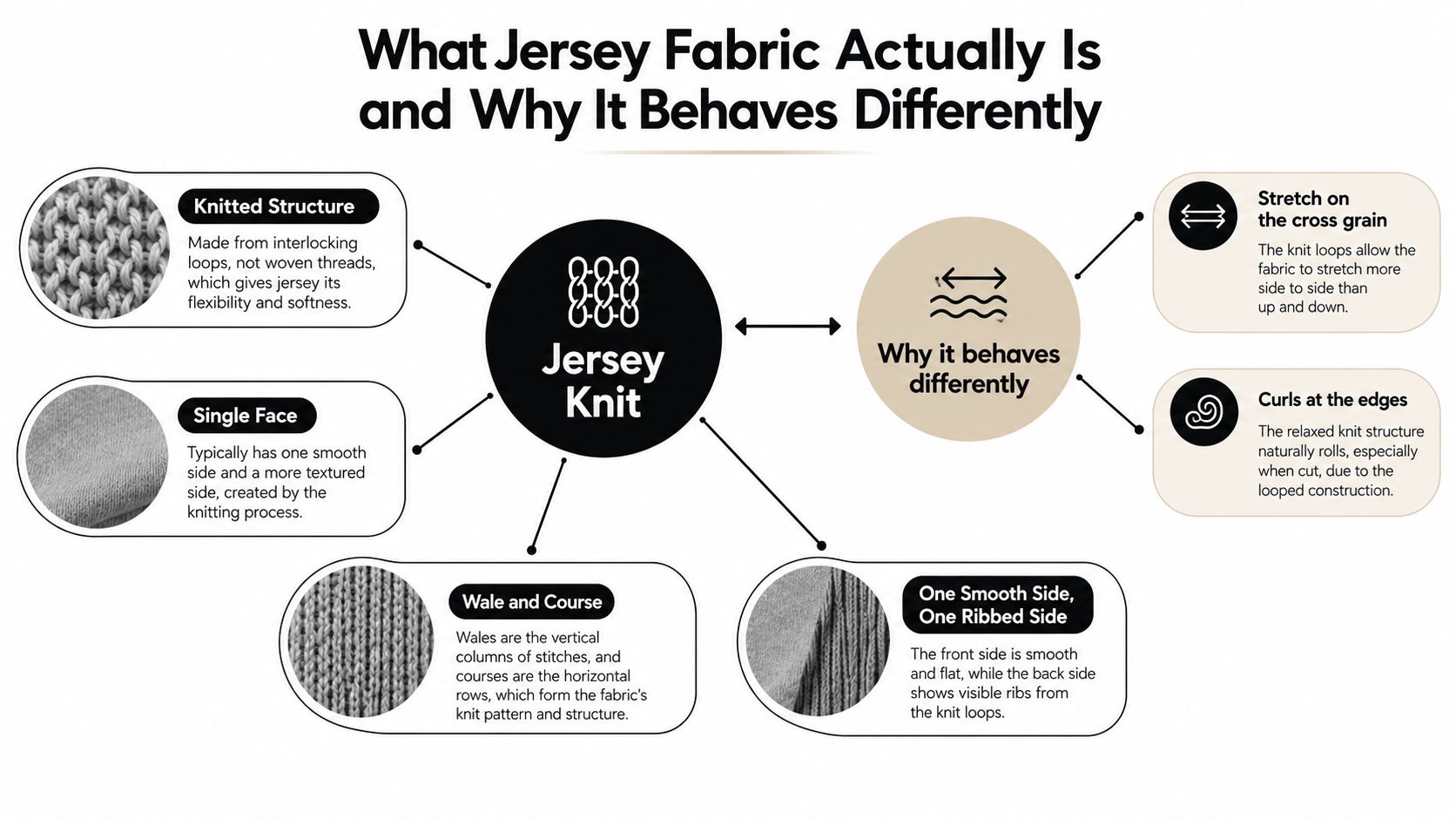 An infographic explaining the characteristics of jersey fabric, covering its knitted structure, faces, and behavior.