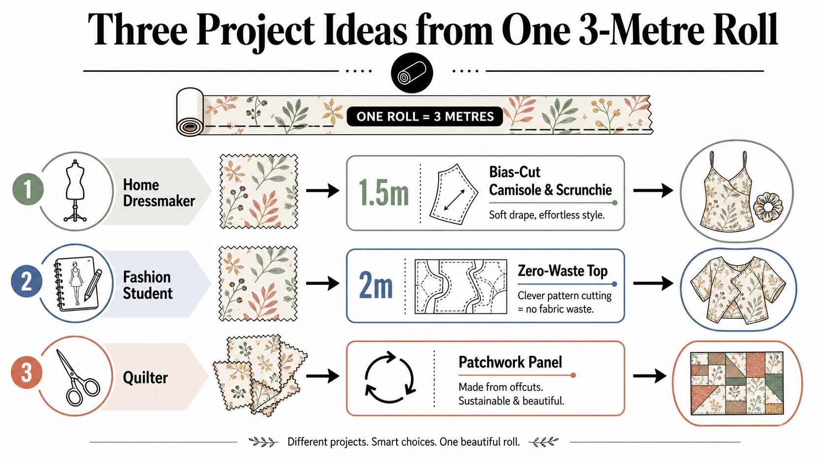 An infographic showing how to create three different sewing projects from one single three-metre fabric roll.