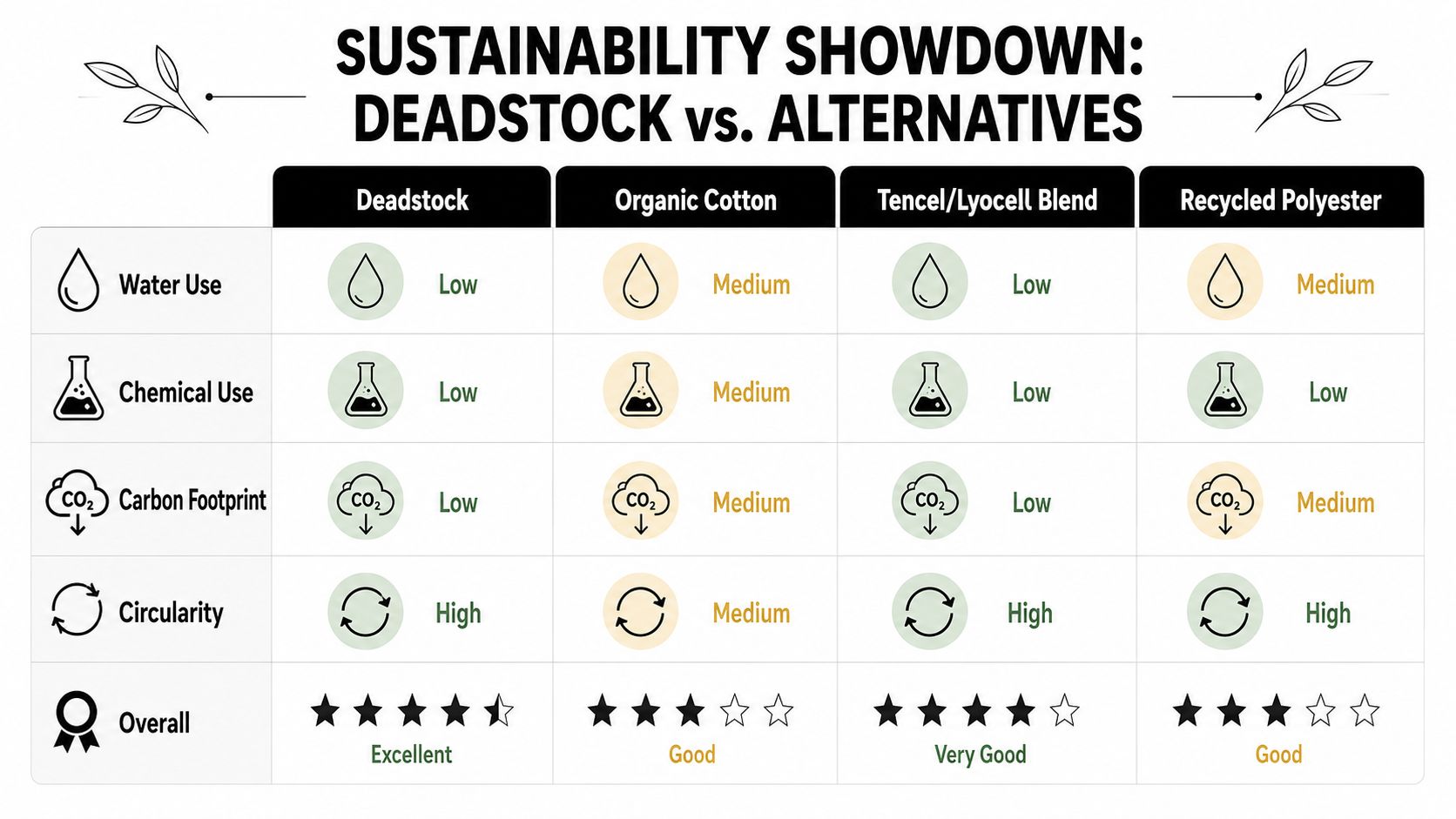 A comparison chart showing sustainability ratings for deadstock fabric versus organic cotton, Tencel, and recycled polyester.