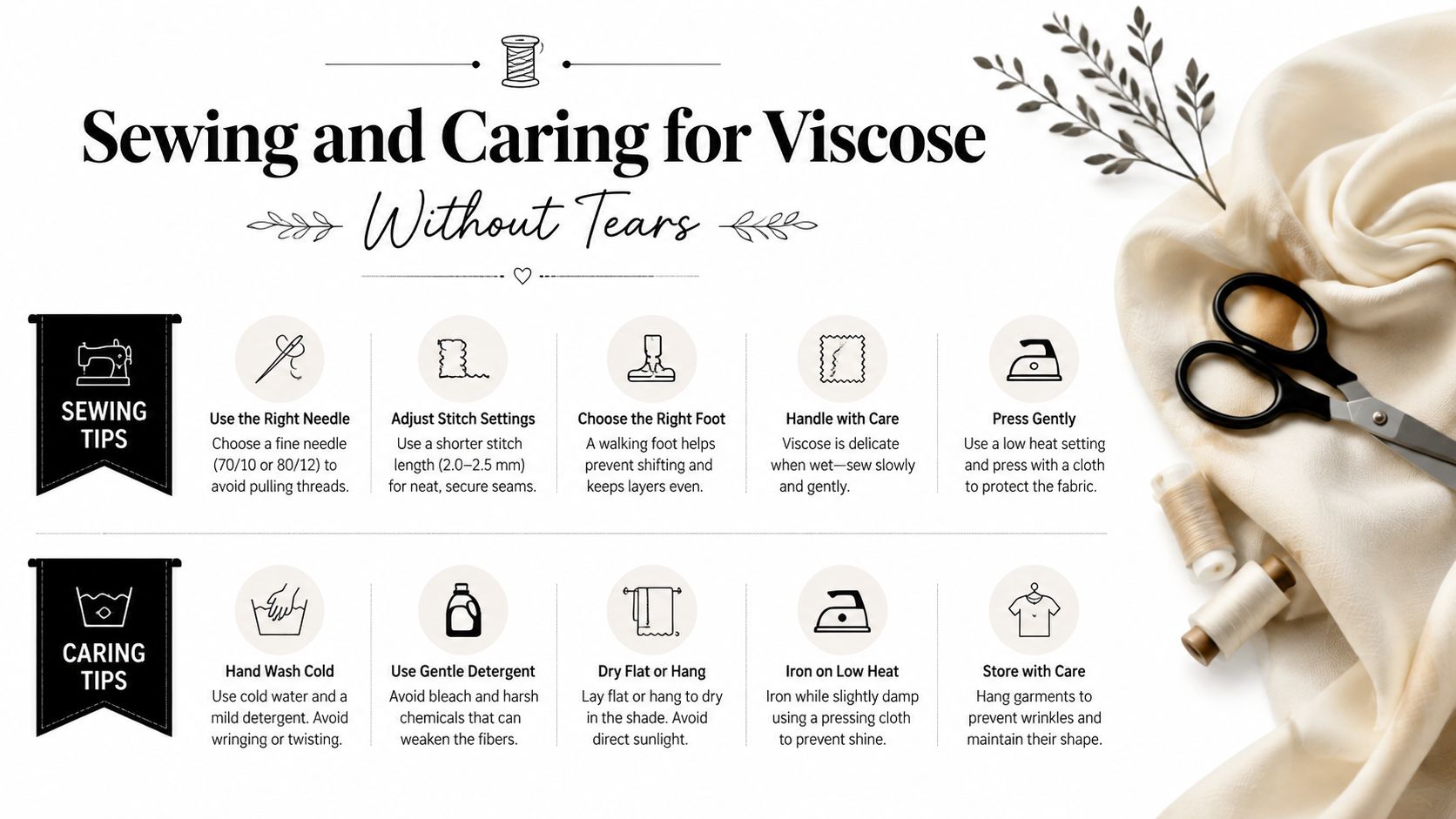 An infographic titled Sewing and Caring for Viscose featuring essential tips for handling, sewing, and maintaining delicate viscose fabric.