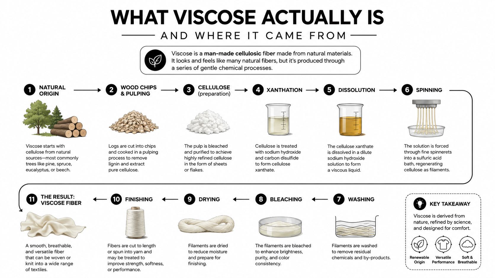 A detailed infographic showing the eleven-step manufacturing process of turning natural wood pulp into viscose fiber.