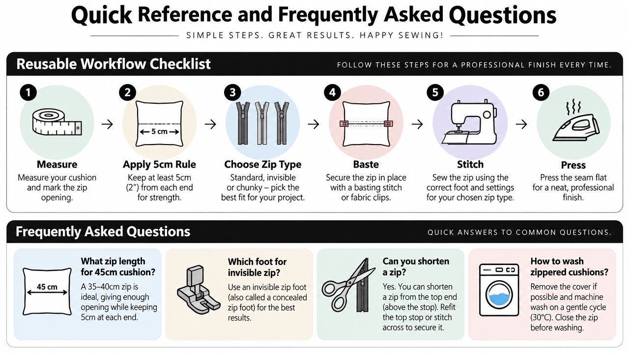 A sewing infographic illustrating the steps for installing a zipper into a cushion and answering common questions.