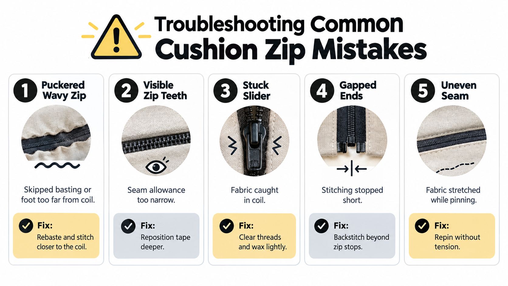 An infographic showing five common sewing mistakes when installing zippers on cushions with solutions for each issue.