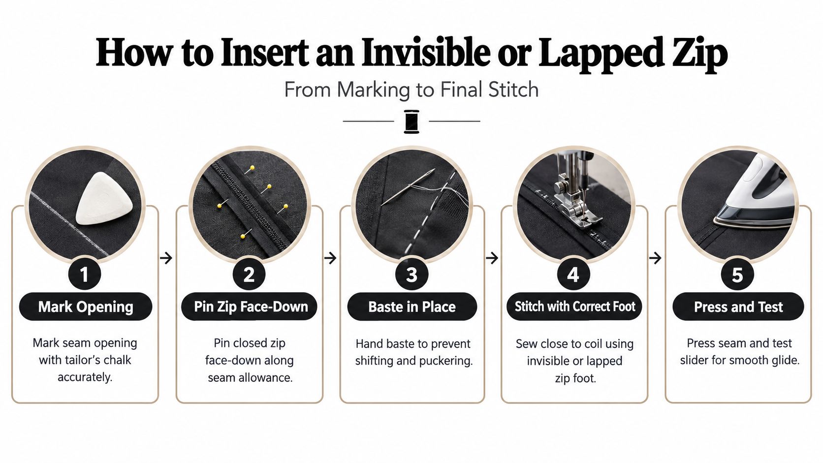 A five-step instructional guide on how to correctly install an invisible or lapped zipper into fabric.