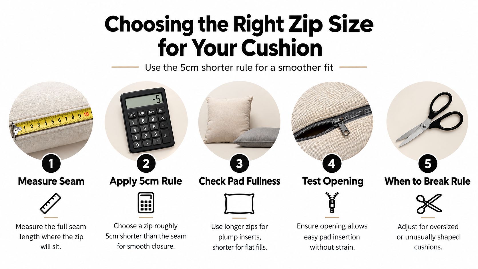 An instructional infographic detailing the five steps for choosing the correct zipper size for a cushion cover.