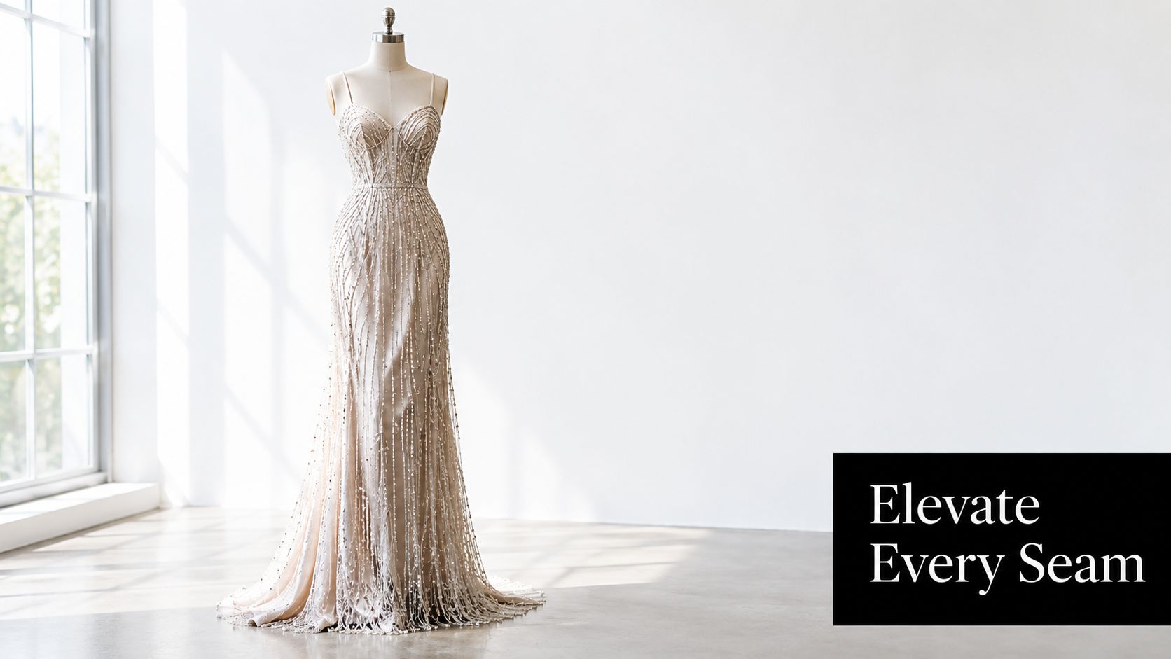 A sophisticated bridal gown with beaded fringe trim displayed elegantly on a mannequin in a bright studio.