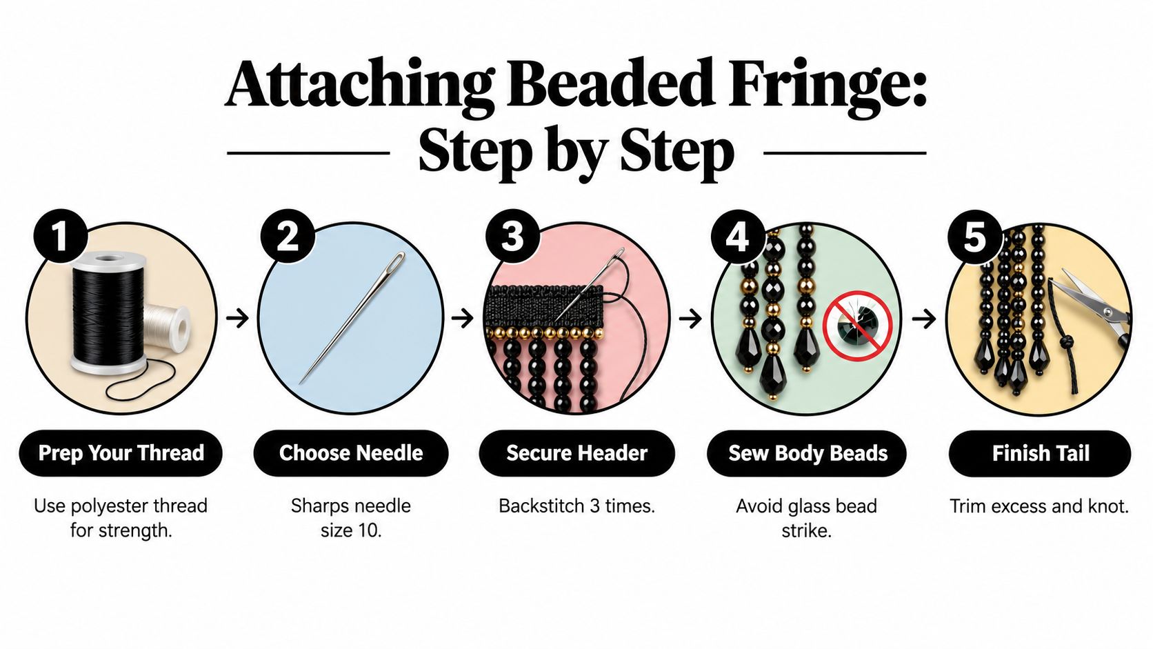A step-by-step infographic illustrating the process of attaching beaded fringe trim to fabric using a needle.