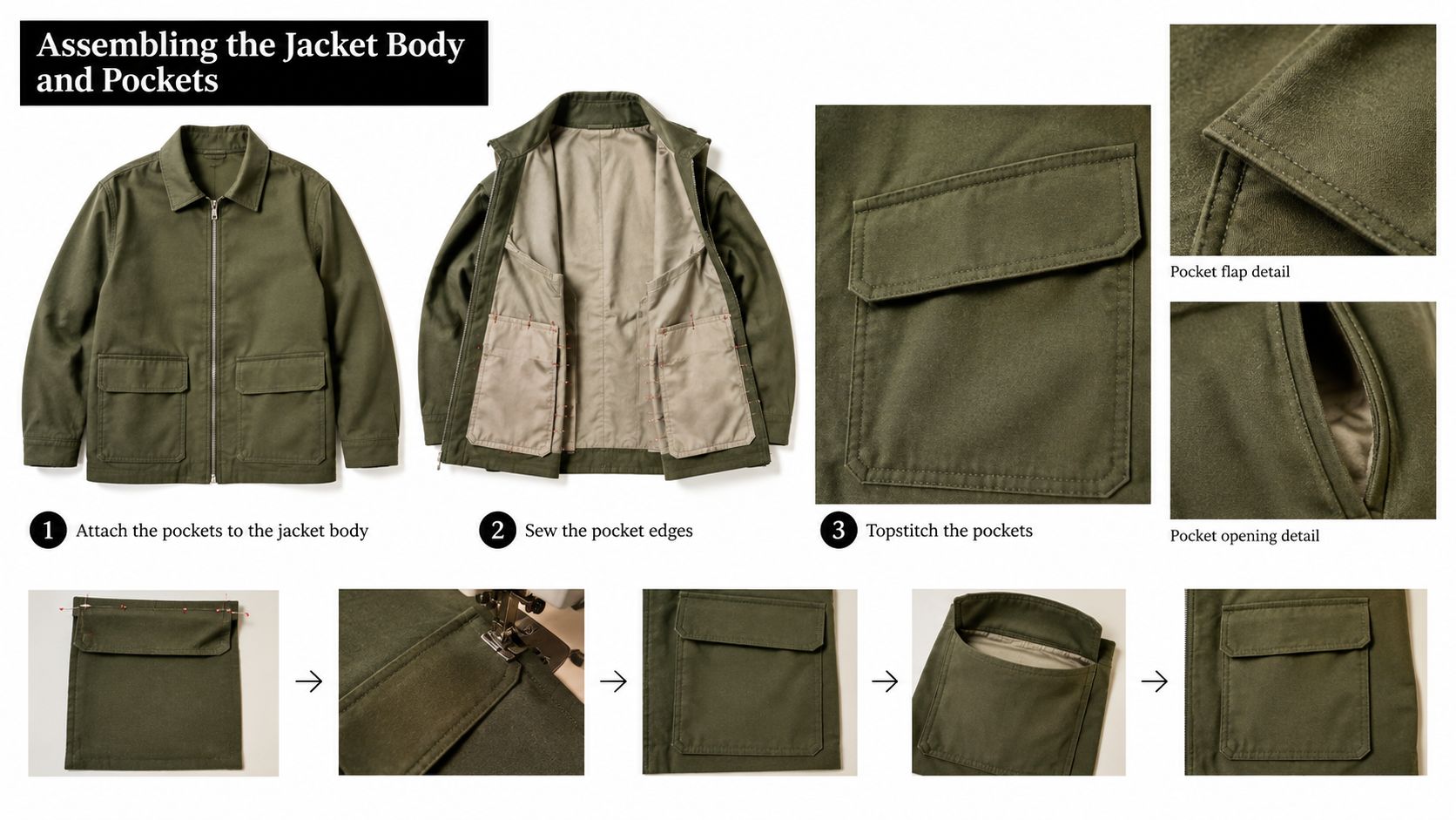 A step-by-step sewing tutorial showing how to attach and topstitch pockets onto a green utility jacket.