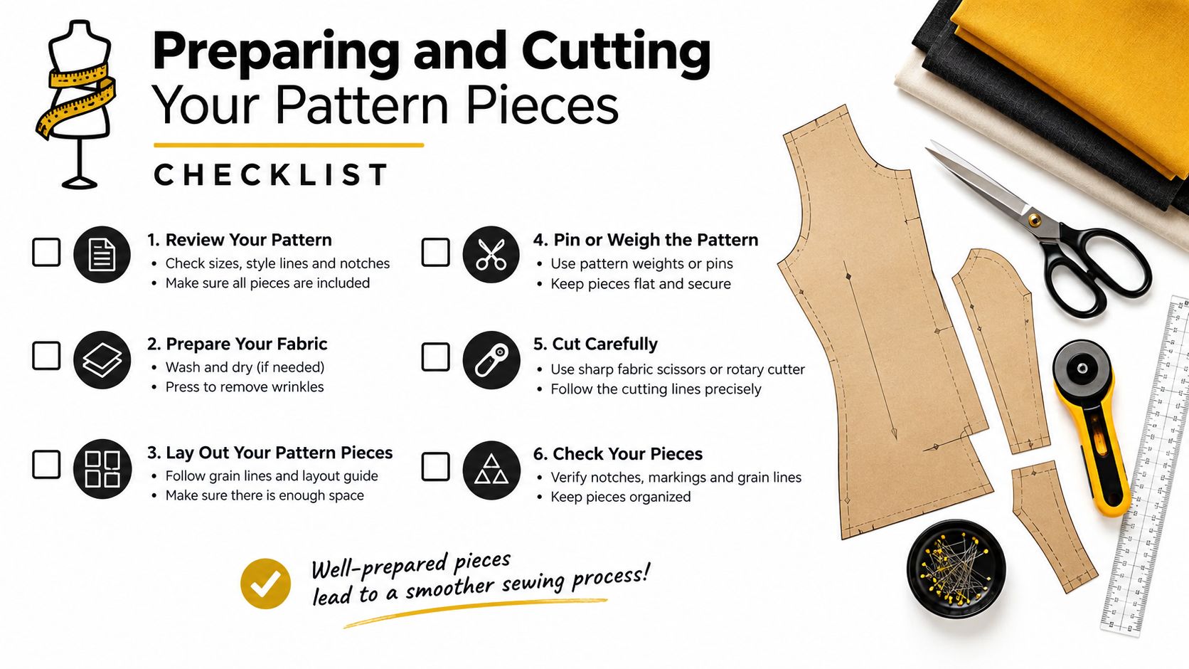 A helpful checklist for preparing and cutting sewing pattern pieces with essential tools like scissors and fabric.